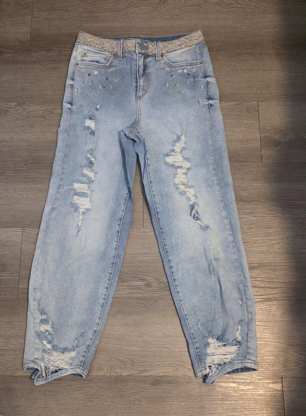 INC Denim High Rise Straight Jeans Distressed Embellished Light Wash Women's...